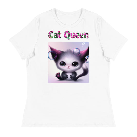 Womens WhiteT-Shirt with Alien Kitten With Bubbles with a text "Cat Queen" at $25.97 found at Personalizedpetlovergifts