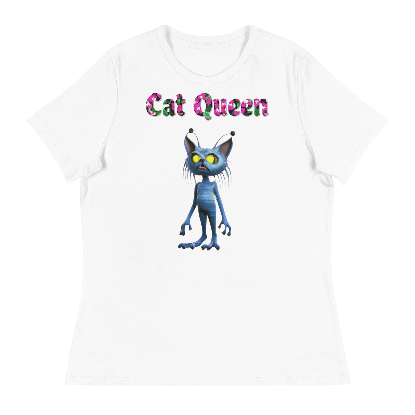 Womens WhiteT-Shirt with Alien Cat with a text "Cat Queen" at $25.97 found at Personalizedpetlovergifts