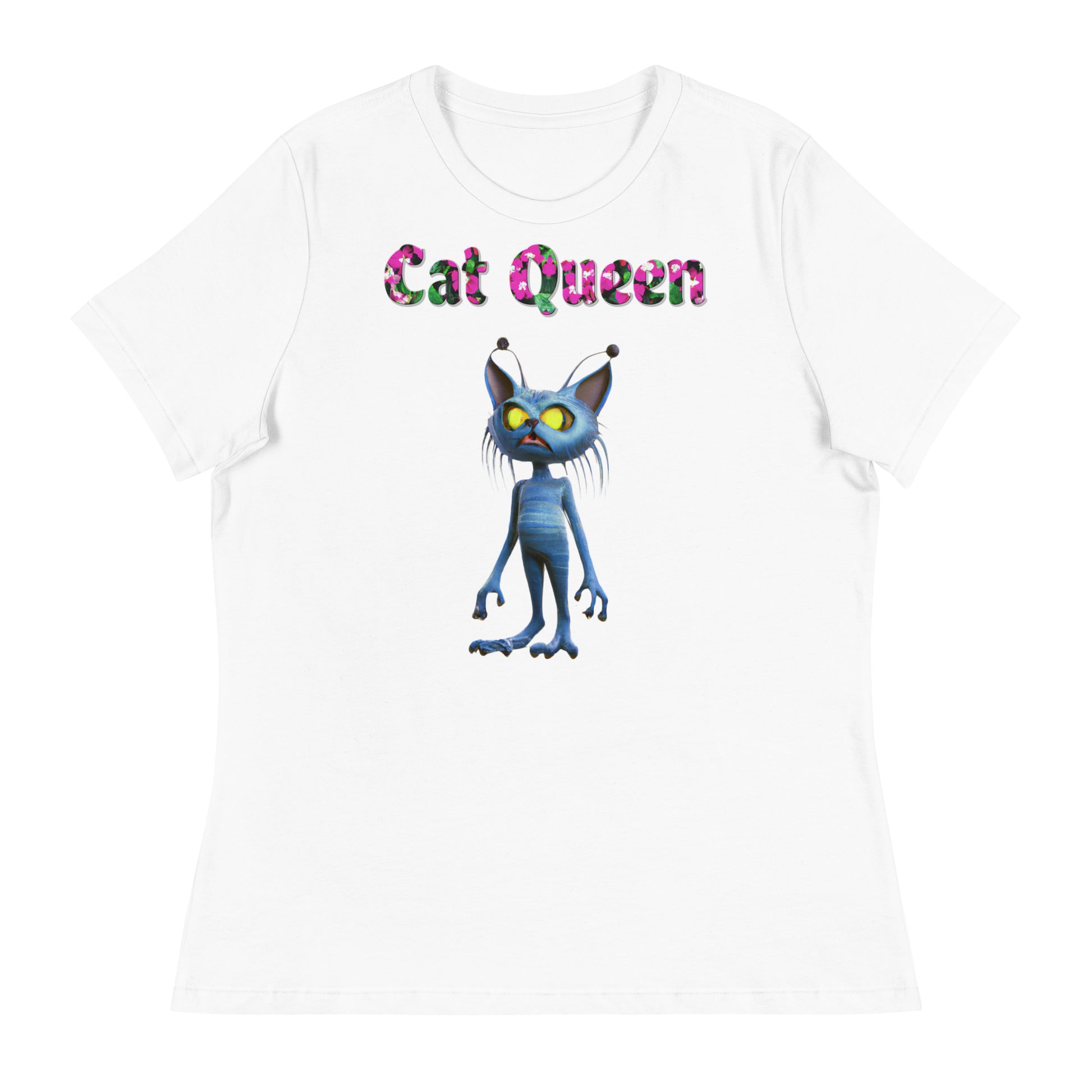 Womens WhiteT-Shirt with Alien Cat with a text "Cat Queen" at $25.97 found at Personalizedpetlovergifts