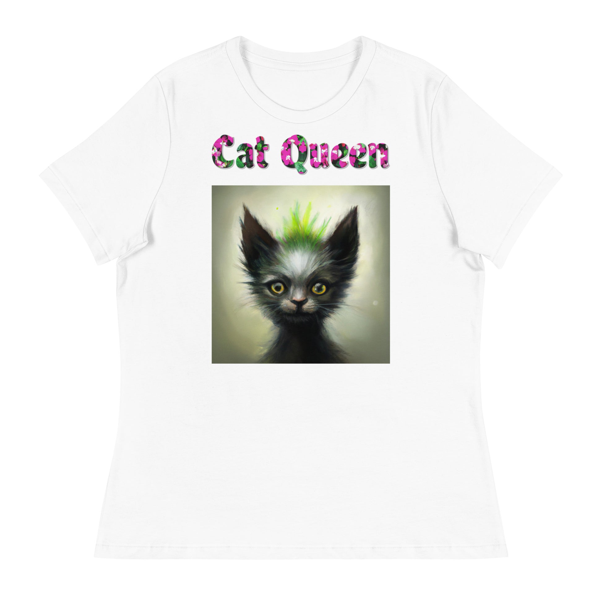 Womens WhiteT-Shirt with Alien Cat With Spikes with a text "Cat Queen" at $25.97 found at Personalizedpetlovergifts