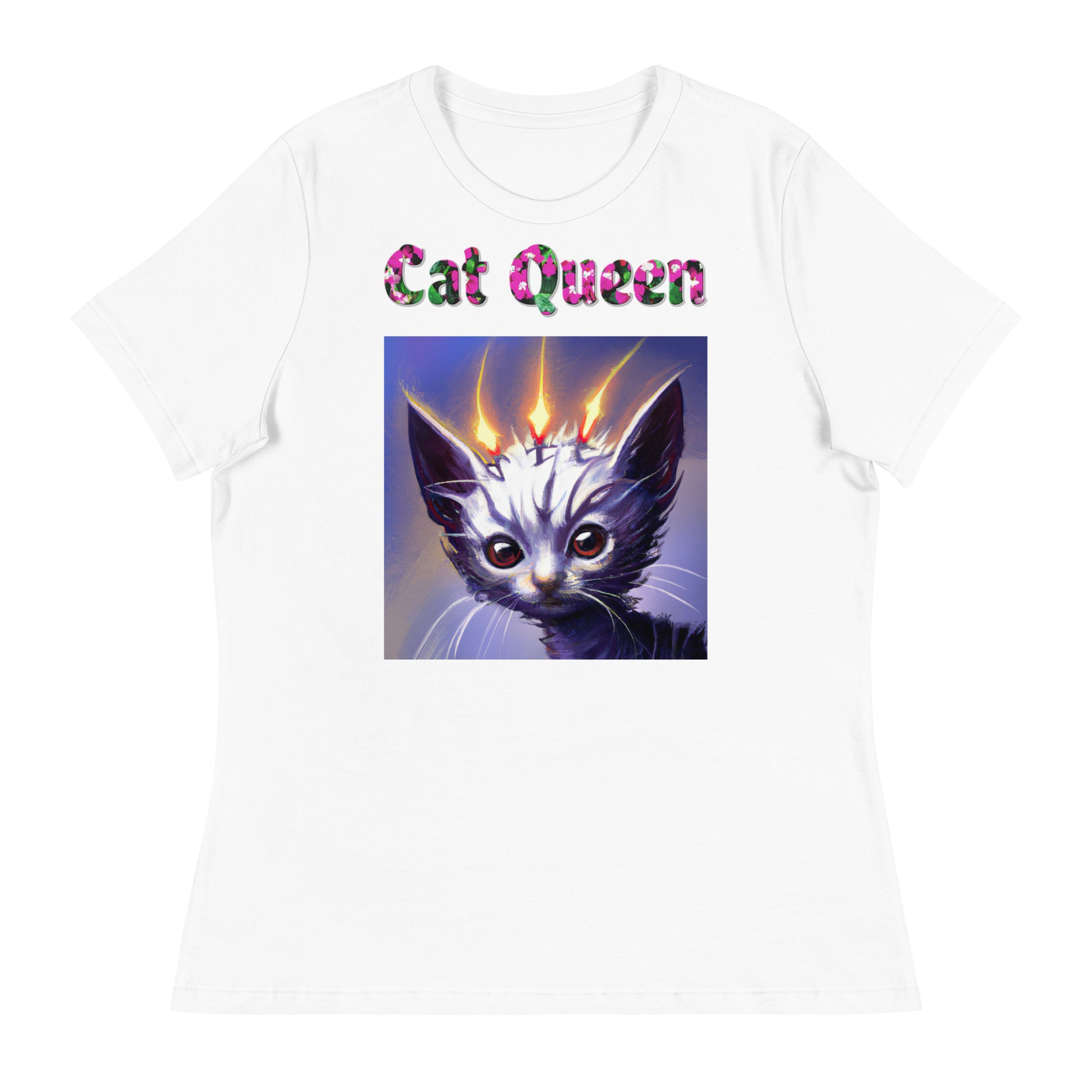 Womens WhiteT-Shirt with Alien Cat With Fiery Spikes with a text "Cat Queen" at $25.97 found at Personalizedpetlovergifts