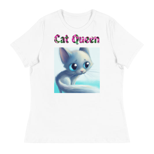 Womens WhiteT-Shirt with Adorable Nostalgic Kitten with a text "Cat Queen" at $25.97 found at Personalizedpetlovergifts