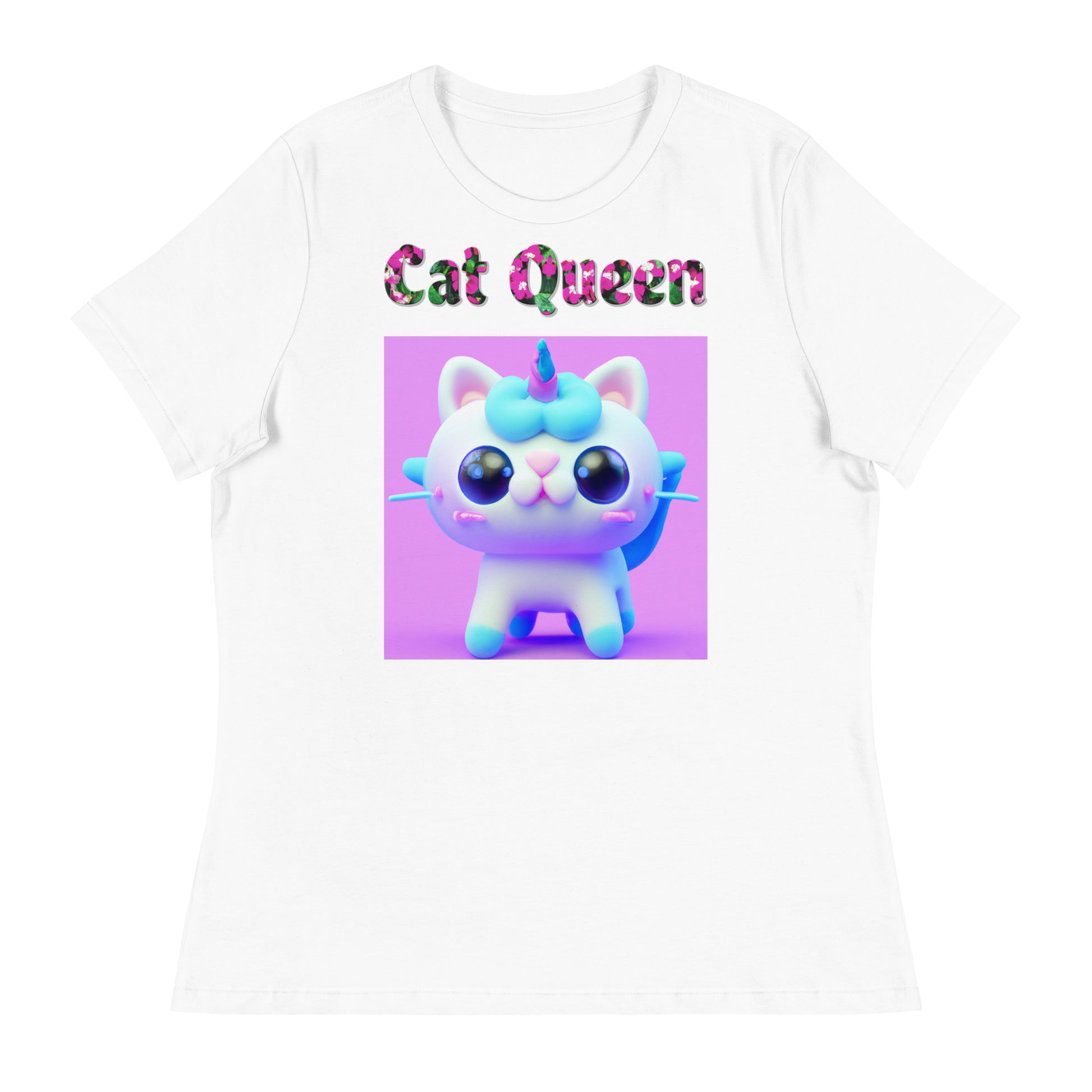 Womens WhiteT-Shirt with 3D Unicorn Kitten with a text "Cat Queen" at $25.97 found at Personalizedpetlovergifts