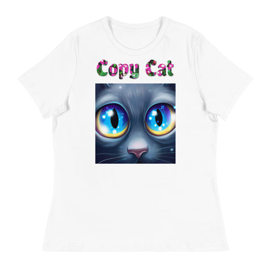 Womens WhiteT-Shirt with Cat Close Up With Blue Eyes with a text "Copy Cat" at $25.97 found at Personalizedpetlovergifts