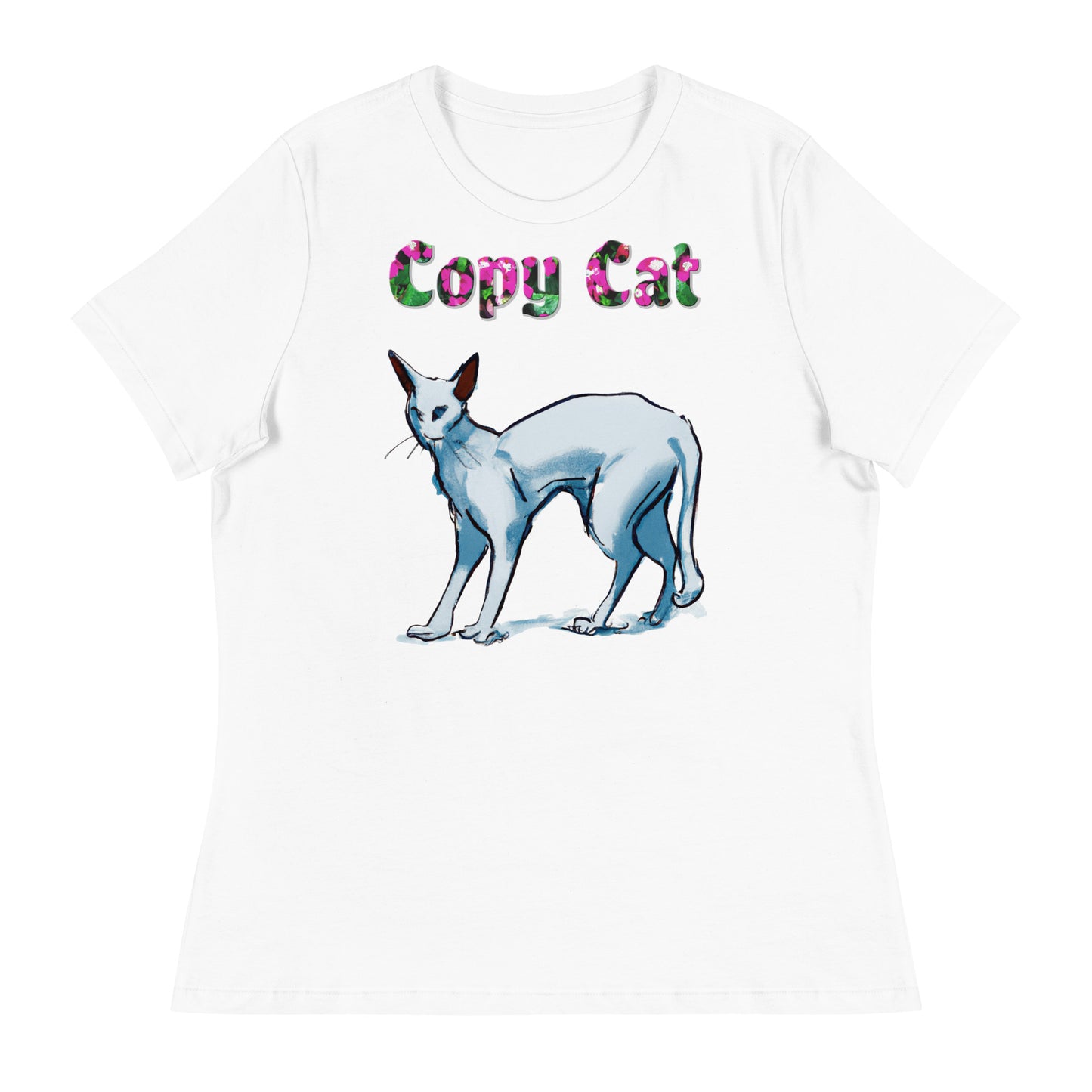 Womens WhiteT-Shirt with Cat Artistic Painting with a text "Copy Cat" at $25.97 found at Personalizedpetlovergifts