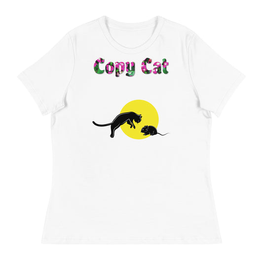 Womens WhiteT-Shirt with Cat And Mouse with a text "Copy Cat" at $25.97 found at Personalizedpetlovergifts