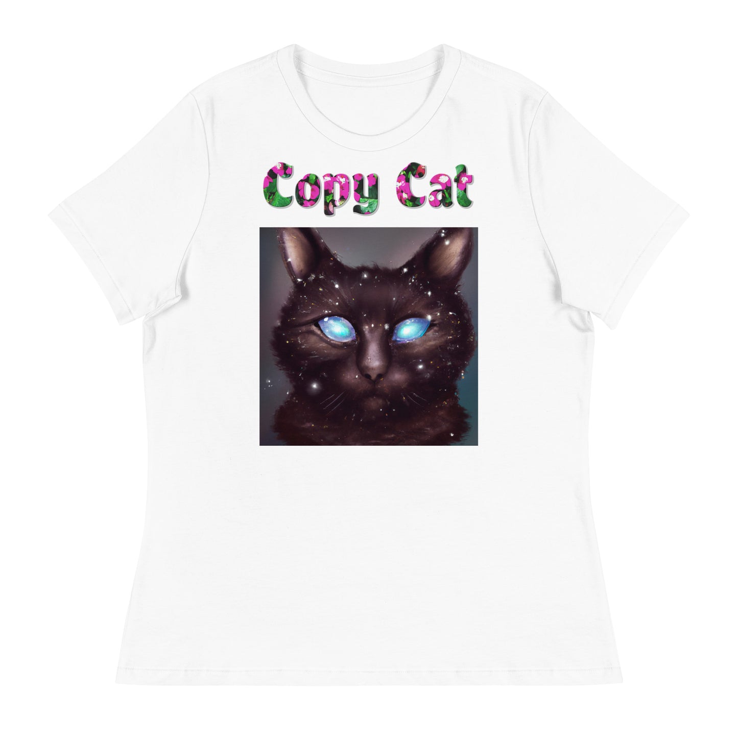 Womens WhiteT-Shirt with Blue Eyed Galaxy Cat with a text "Copy Cat" at $25.97 found at Personalizedpetlovergifts