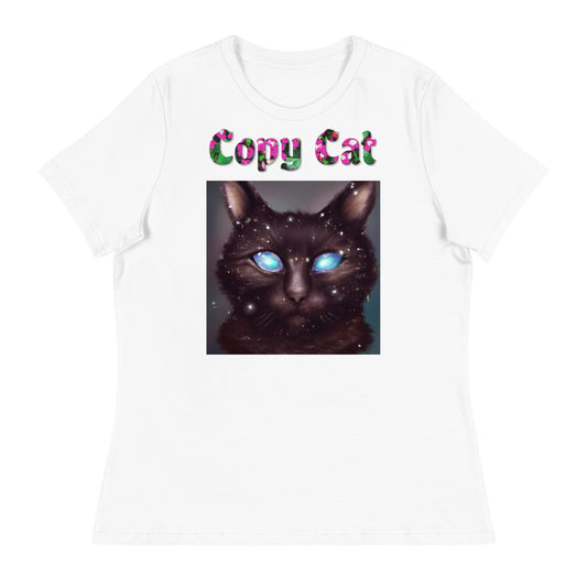 Womens WhiteT-Shirt with Blue Eyed Galaxy Cat with a text "Copy Cat" at $25.97 found at Personalizedpetlovergifts