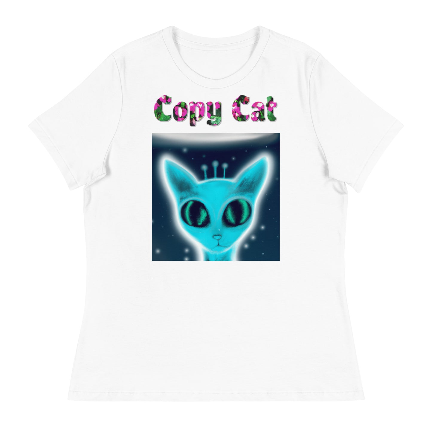 Womens WhiteT-Shirt with Blue Alien Cat with a text "Copy Cat" at $25.97 found at Personalizedpetlovergifts