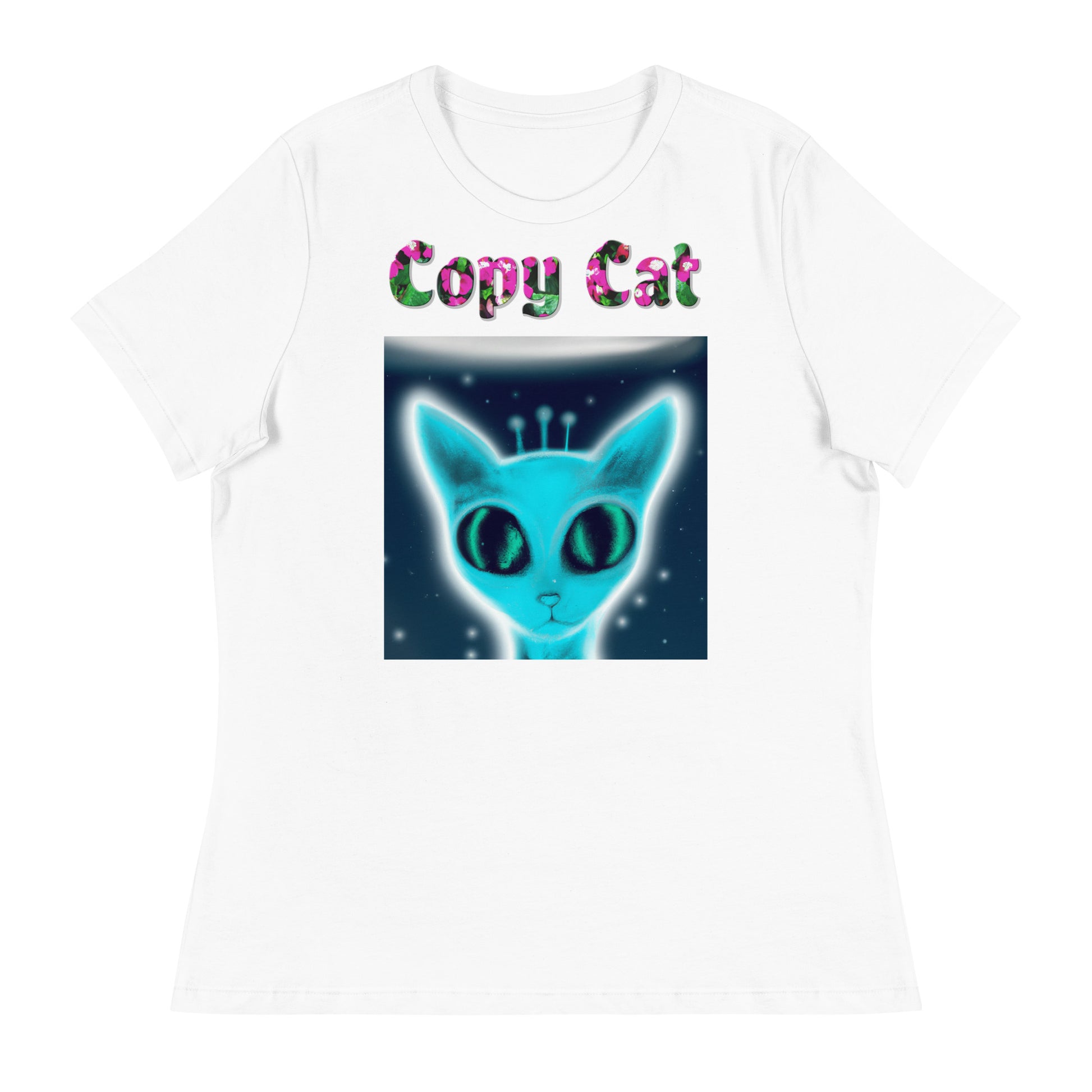 Womens WhiteT-Shirt with Blue Alien Cat with a text "Copy Cat" at $25.97 found at Personalizedpetlovergifts