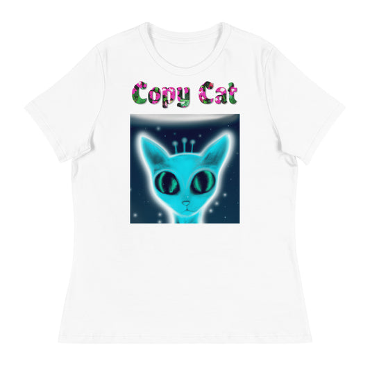 Womens WhiteT-Shirt with Blue Alien Cat with a text "Copy Cat" at $25.97 found at Personalizedpetlovergifts