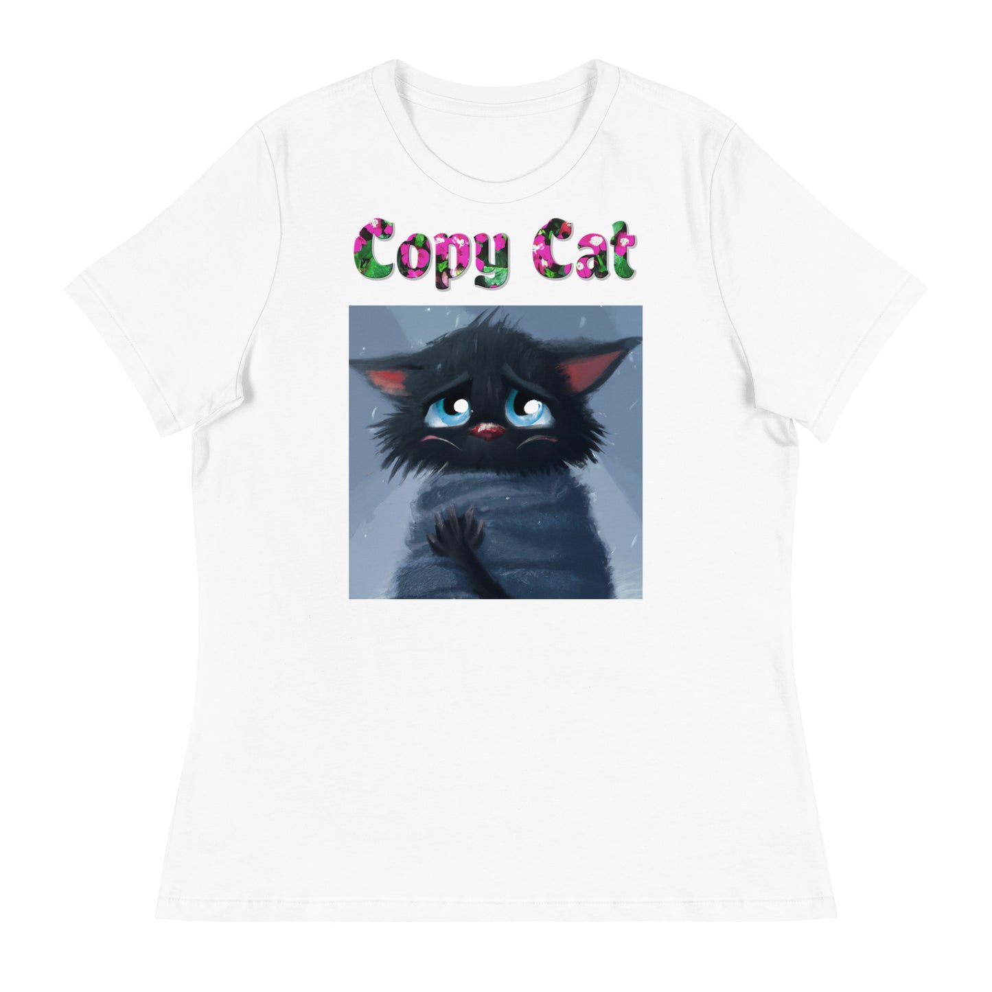 Womens WhiteT-Shirt with Black Kitten Feeling Cold with a text "Copy Cat" at $25.97 found at Personalizedpetlovergifts