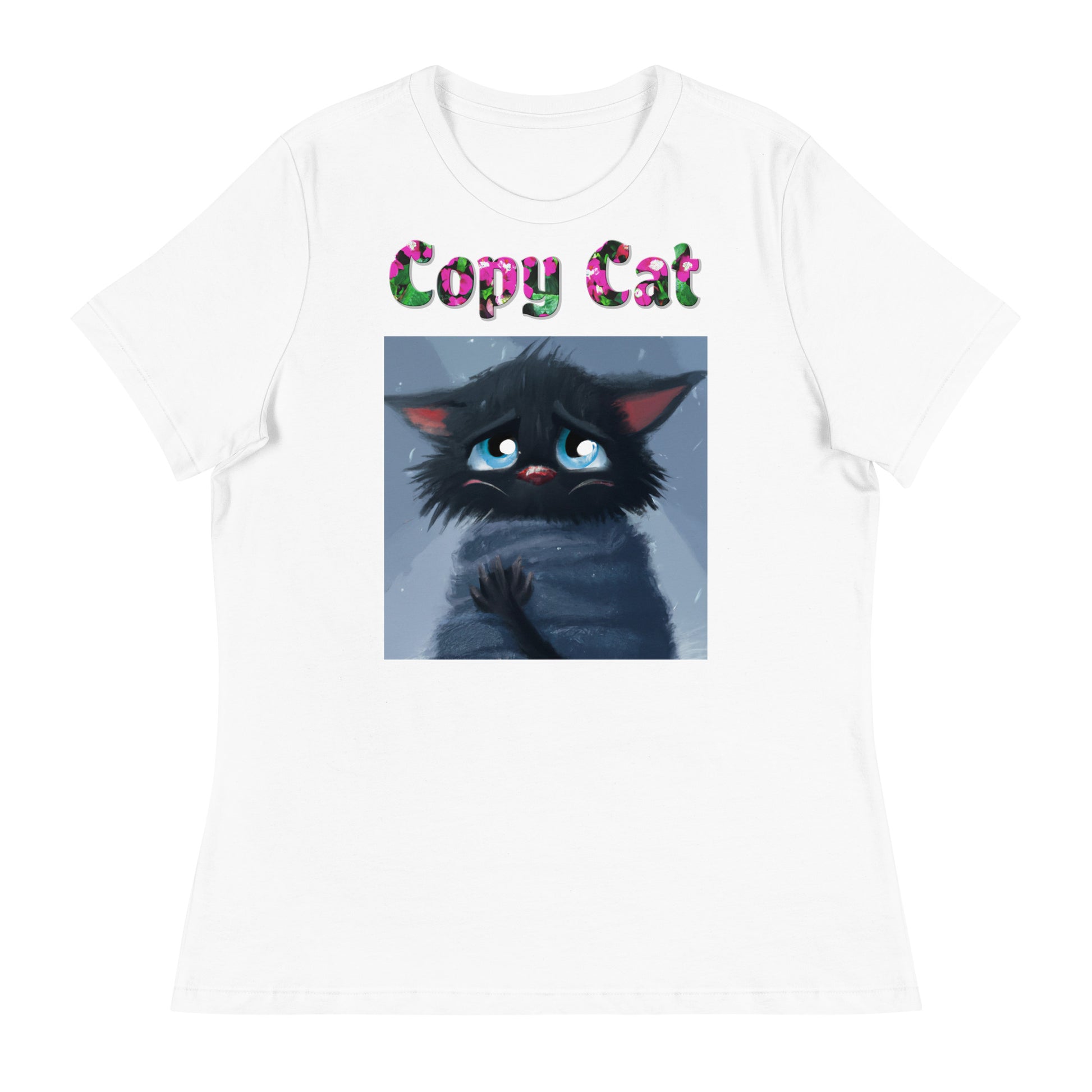 Womens WhiteT-Shirt with Black Kitten Feeling Cold with a text "Copy Cat" at $25.97 found at Personalizedpetlovergifts