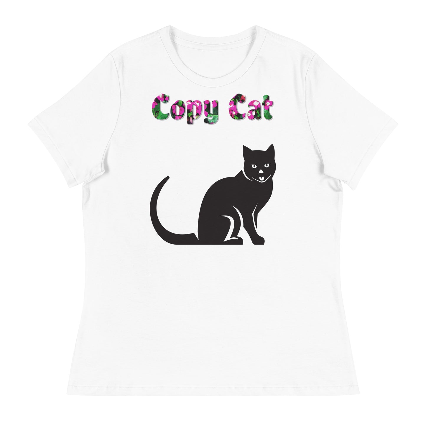 Womens WhiteT-Shirt with Black Cat Sitting with a text "Copy Cat" at $25.97 found at Personalizedpetlovergifts