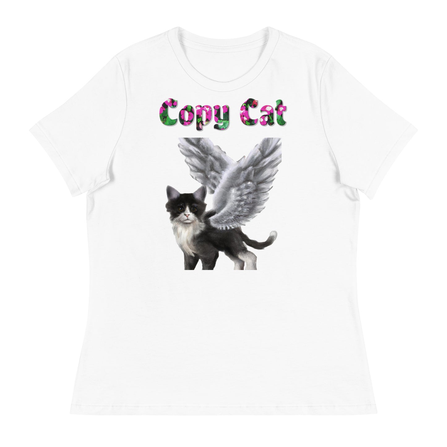 Womens WhiteT-Shirt with Black And White Cat With Angel Wings with a text "Copy Cat" at $25.97 found at Personalizedpetlovergifts