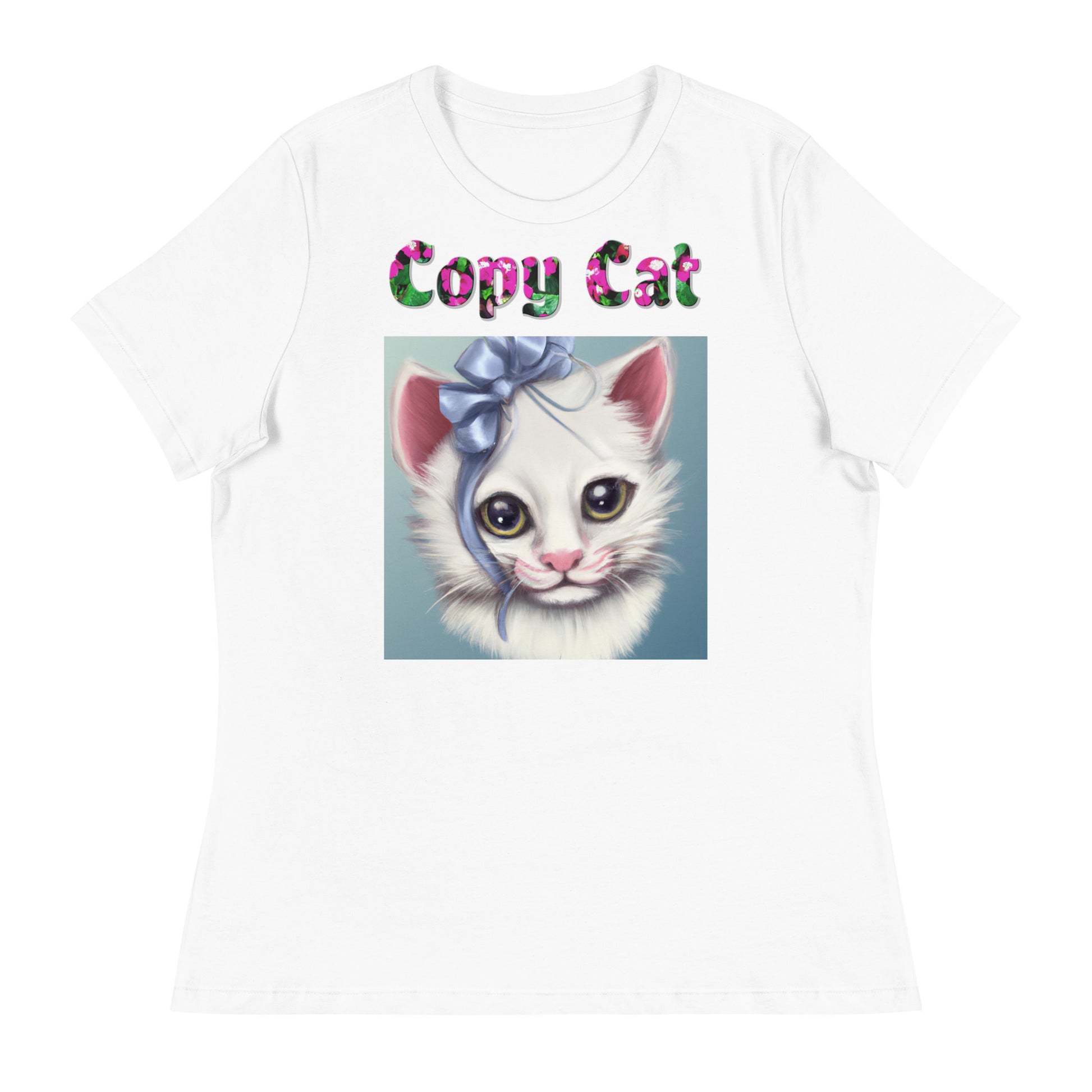 Womens WhiteT-Shirt with Beautiful Kitten With Blue bow with a text "Copy Cat" at $25.97 found at Personalizedpetlovergifts