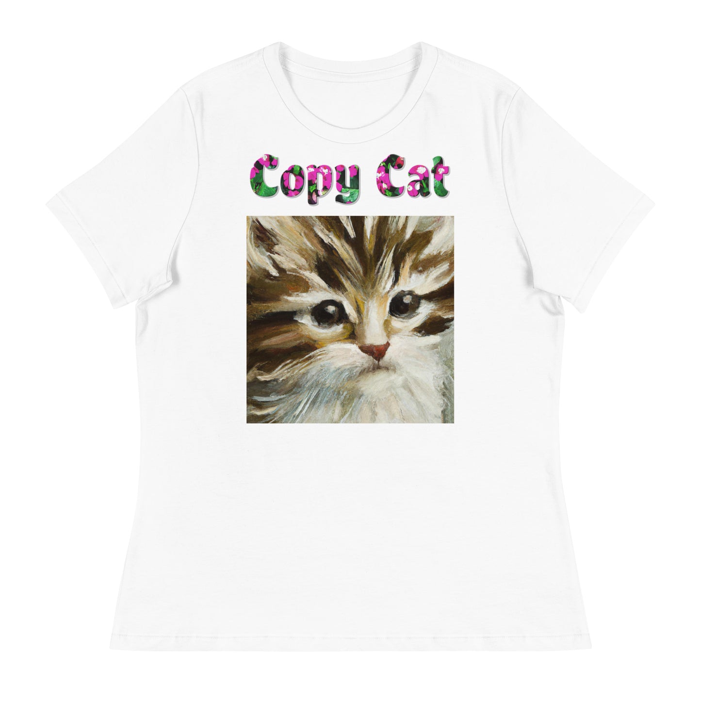 Womens WhiteT-Shirt with Beautiful Kitten Oil Painting with a text "Copy Cat" at $25.97 found at Personalizedpetlovergifts