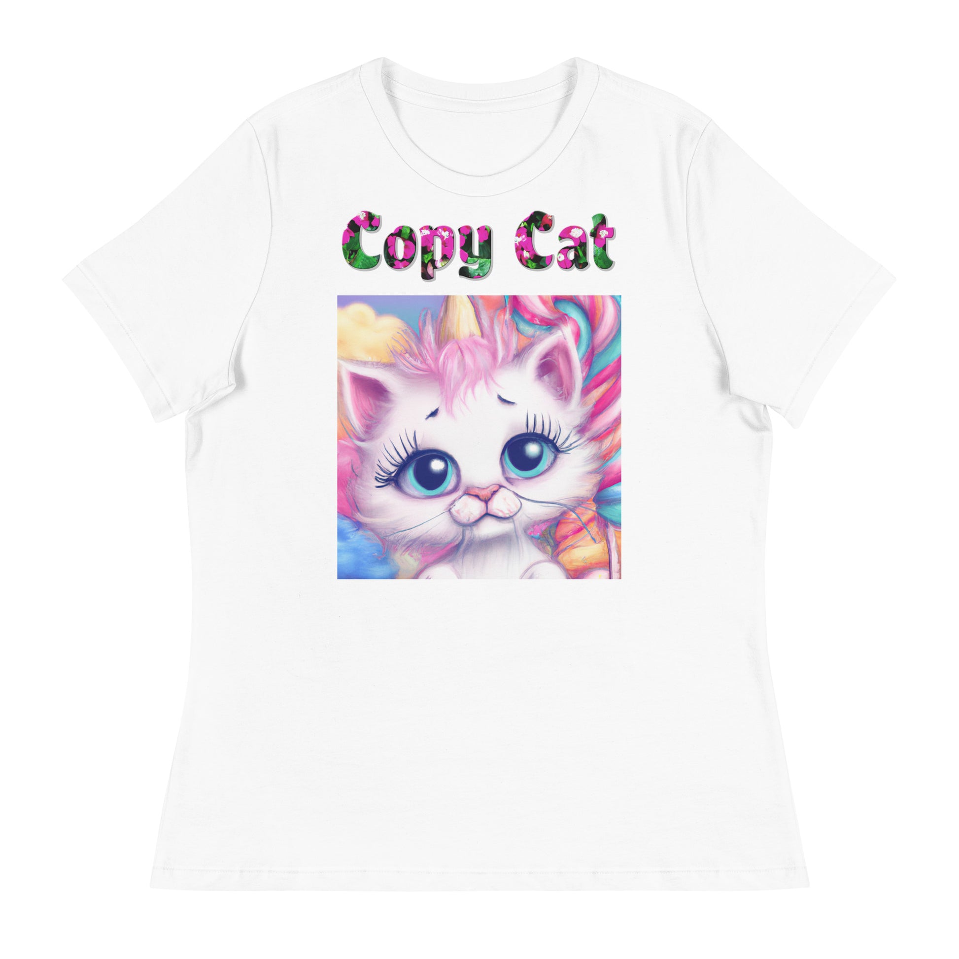 Womens WhiteT-Shirt with Beautiful Cotton Candy Unicorn Kitten with a text "Copy Cat" at $25.97 found at Personalizedpetlovergifts