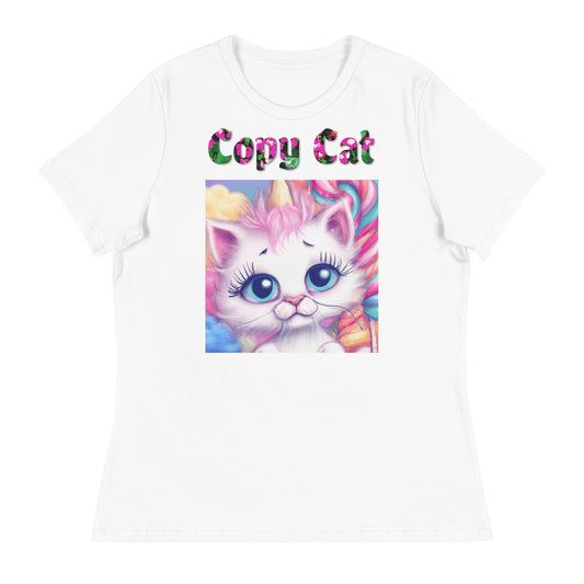 Womens WhiteT-Shirt with Beautiful Cotton Candy Unicorn Kitten with a text "Copy Cat" at $25.97 found at Personalizedpetlovergifts