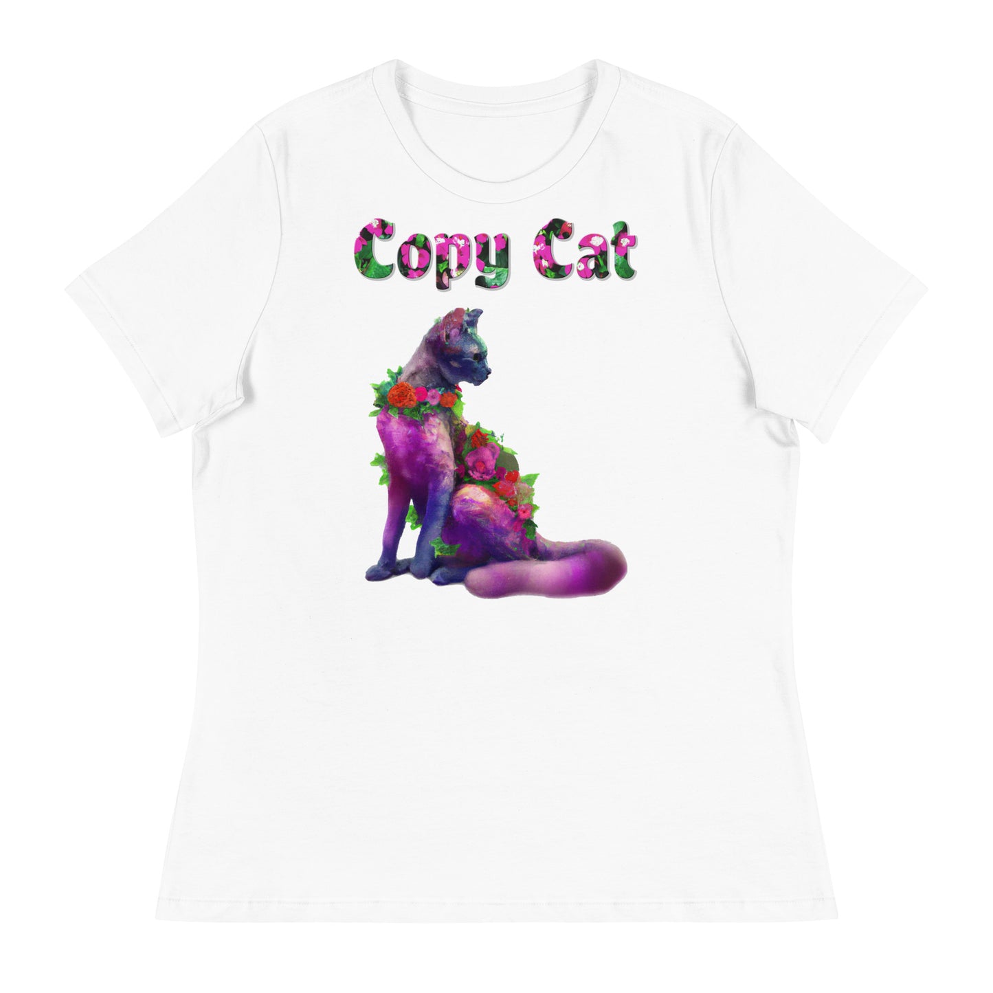 Womens WhiteT-Shirt with Beautiful Cat With Flowers with a text "Copy Cat" at $25.97 found at Personalizedpetlovergifts