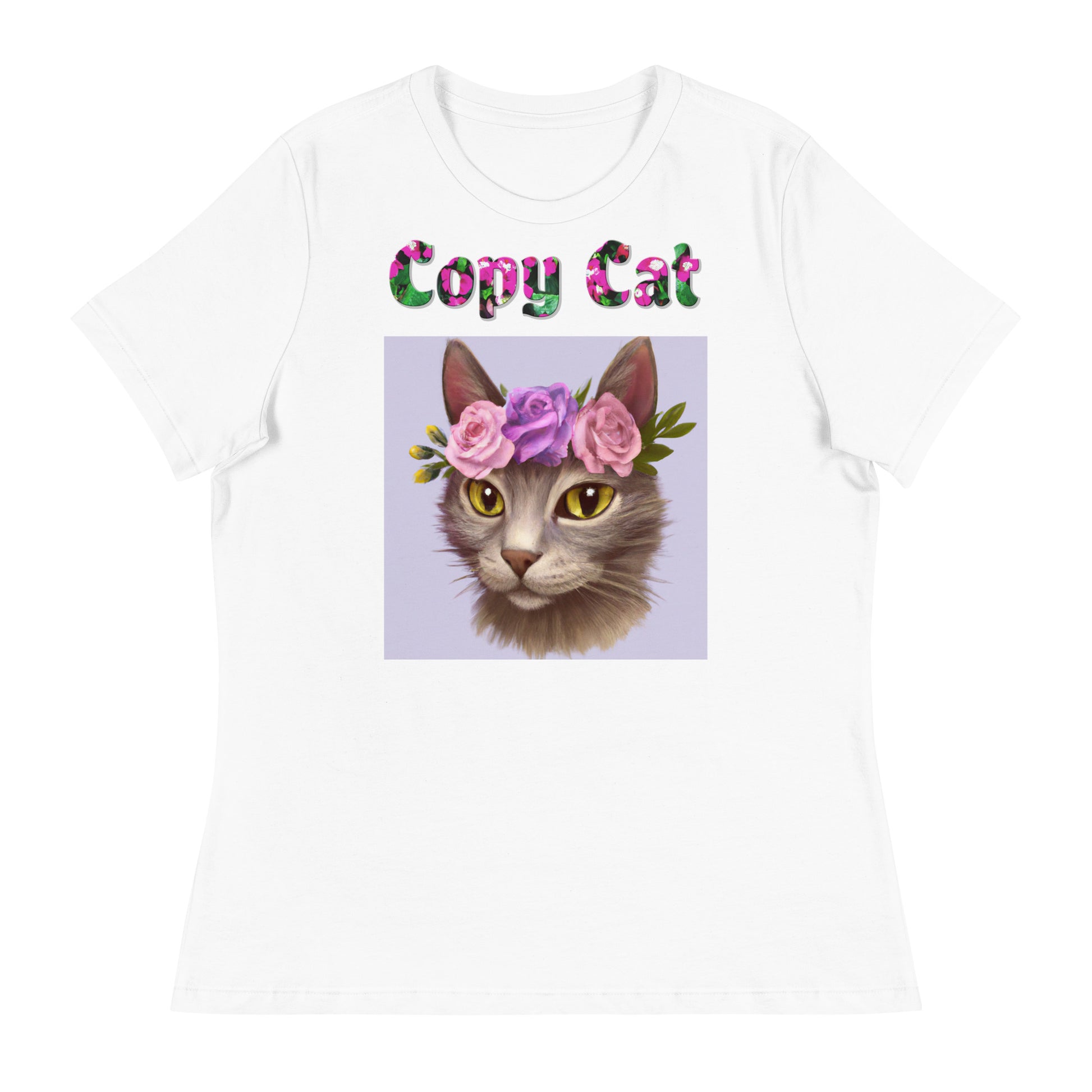 Womens WhiteT-Shirt with Beautiful Cat Portrait With Floral Headpiece And Roses with a text "Copy Cat" at $25.97 found at Personalizedpetlovergifts