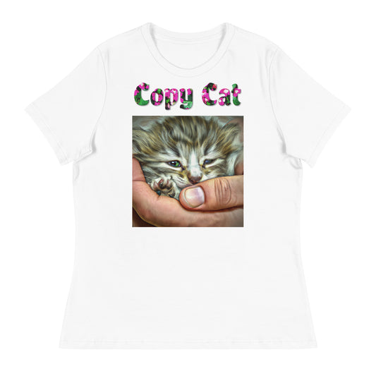 Womens WhiteT-Shirt with Baby Kitten In Hand with a text "Copy Cat" at $25.97 found at Personalizedpetlovergifts