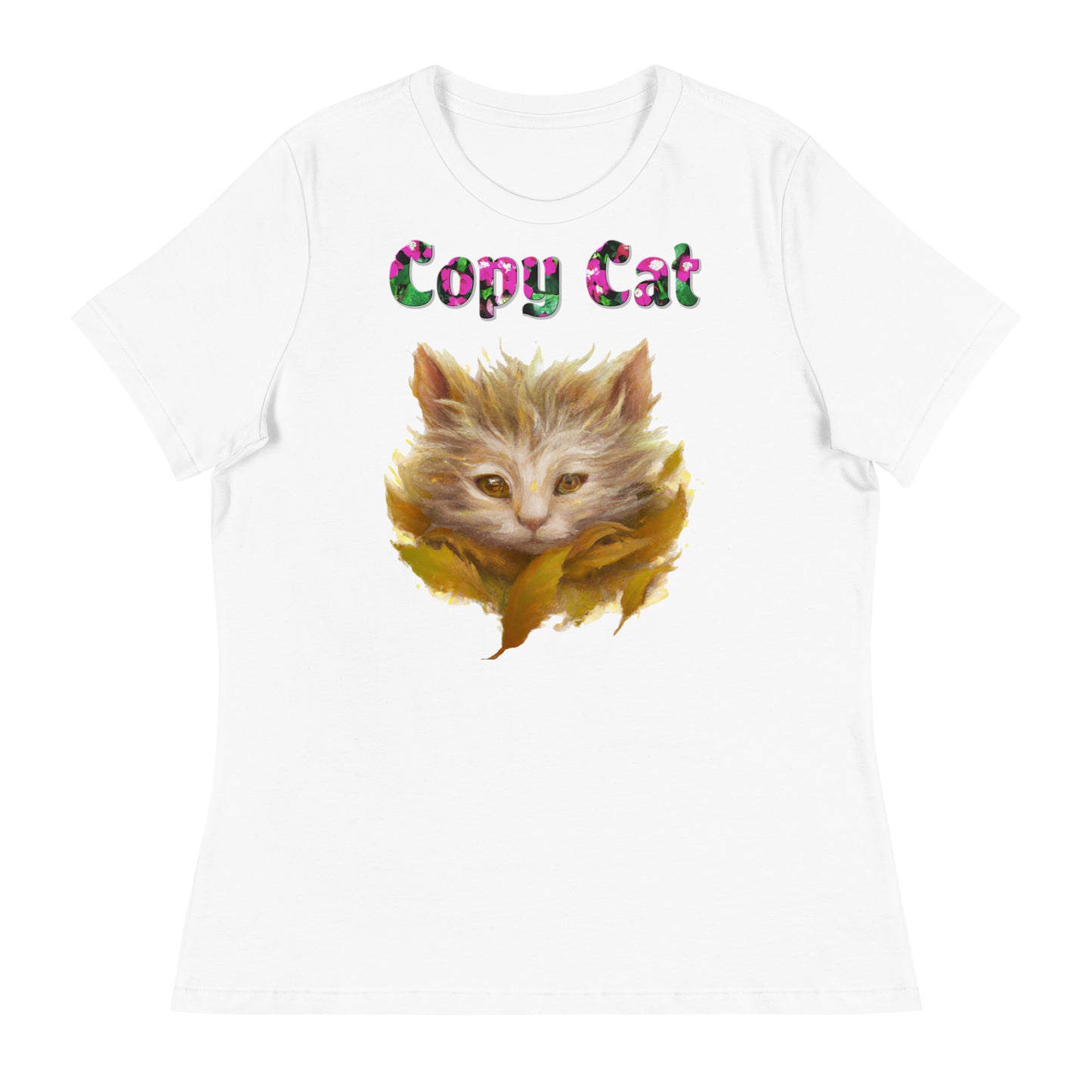 Womens WhiteT-Shirt with Autumn Cat with a text "Copy Cat" at $25.97 found at Personalizedpetlovergifts