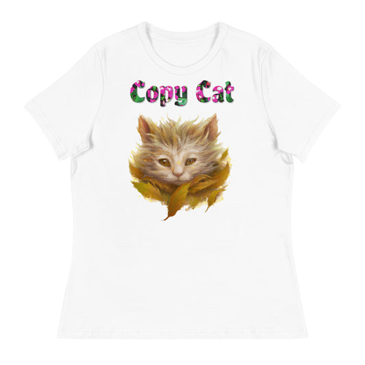 Womens WhiteT-Shirt with Autumn Cat with a text "Copy Cat" at $25.97 found at Personalizedpetlovergifts