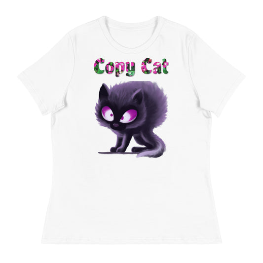 Womens WhiteT-Shirt with Angry Purple Kitten with a text "Copy Cat" at $25.97 found at Personalizedpetlovergifts