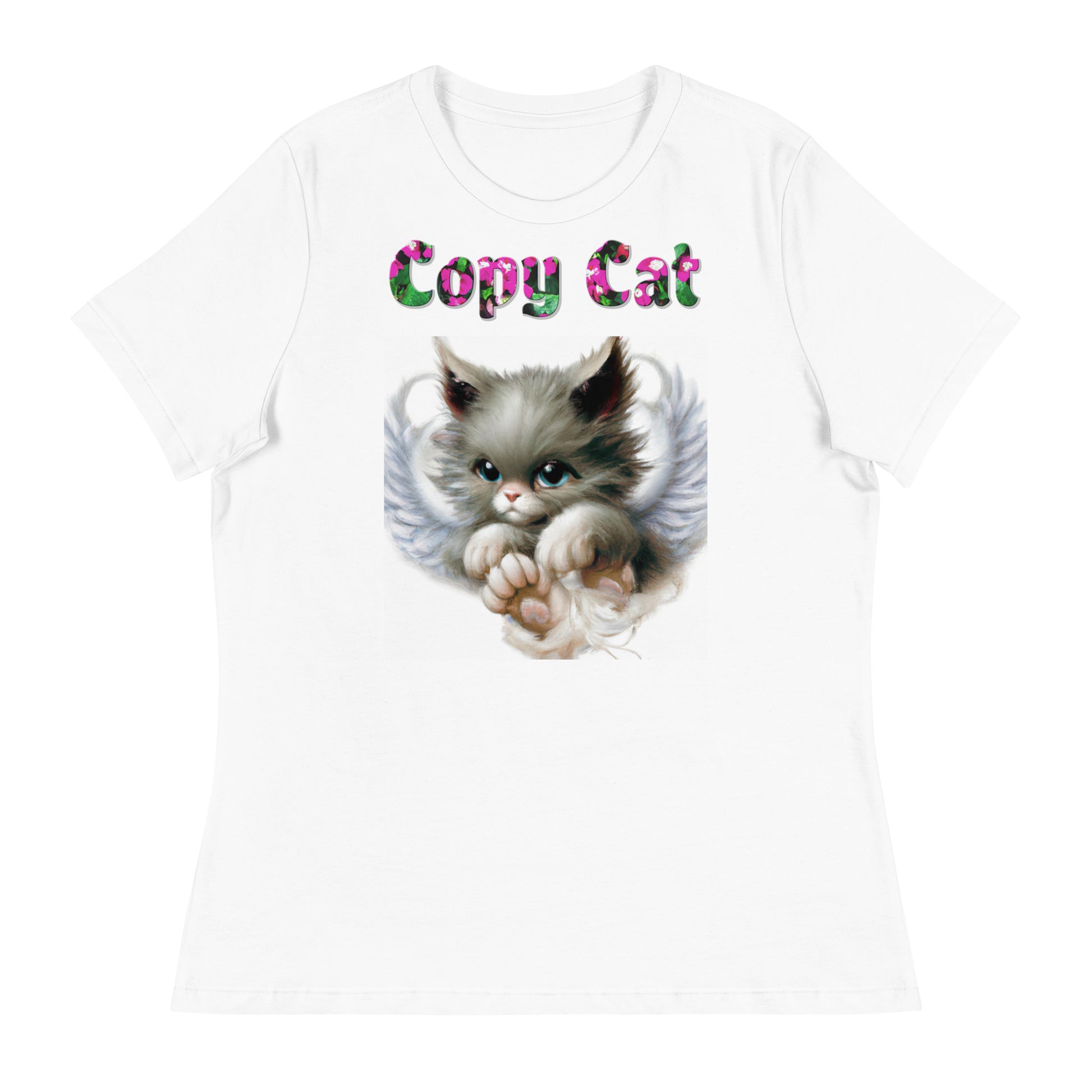 Womens WhiteT-Shirt with Angel Kitten with a text "Copy Cat" at $25.97 found at Personalizedpetlovergifts