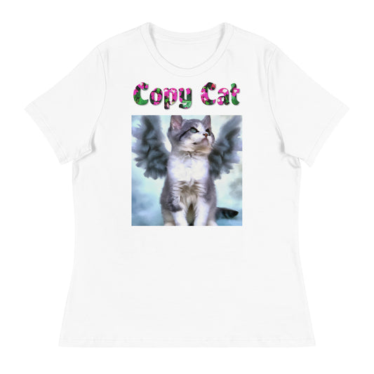 Womens WhiteT-Shirt with Angel Kitten With Fluffy Wings with a text "Copy Cat" at $25.97 found at Personalizedpetlovergifts