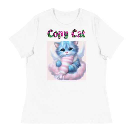 Womens WhiteT-Shirt with Angel Kitten On a Fluffy Cloud with a text "Copy Cat" at $25.97 found at Personalizedpetlovergifts