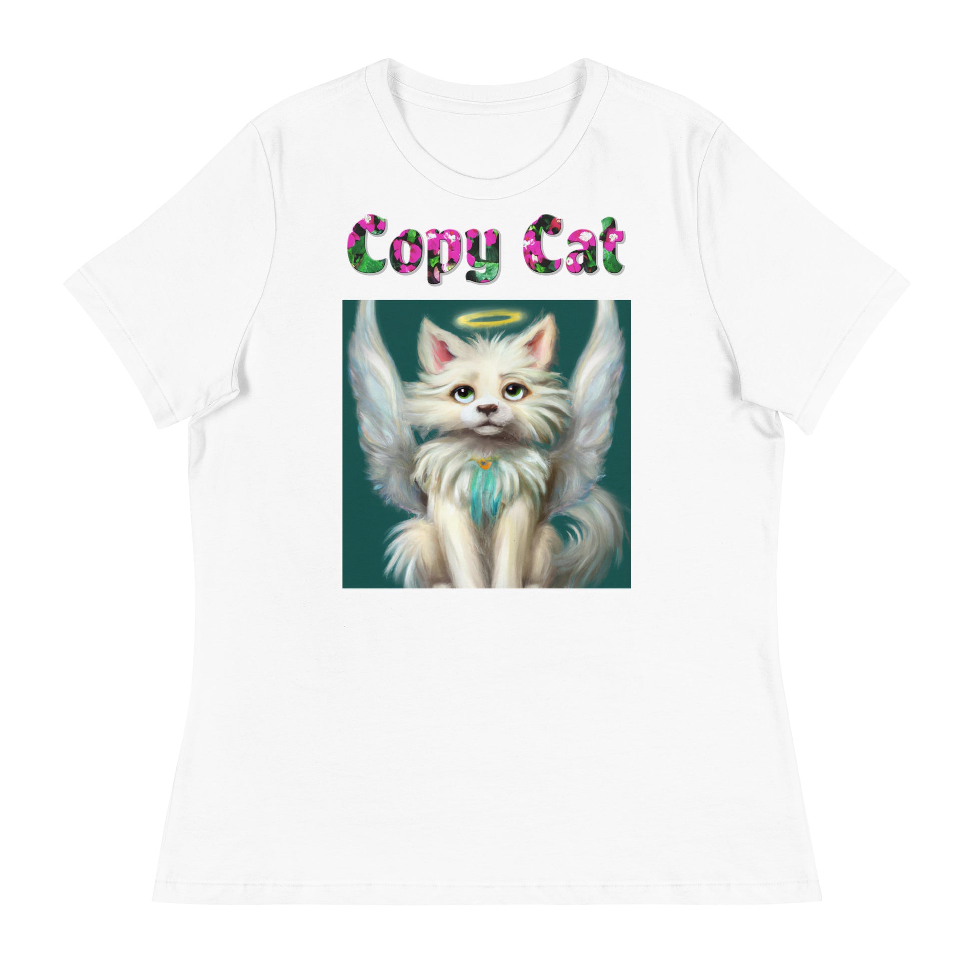 Womens WhiteT-Shirt with Angel Cat with a text "Copy Cat" at $25.97 found at Personalizedpetlovergifts