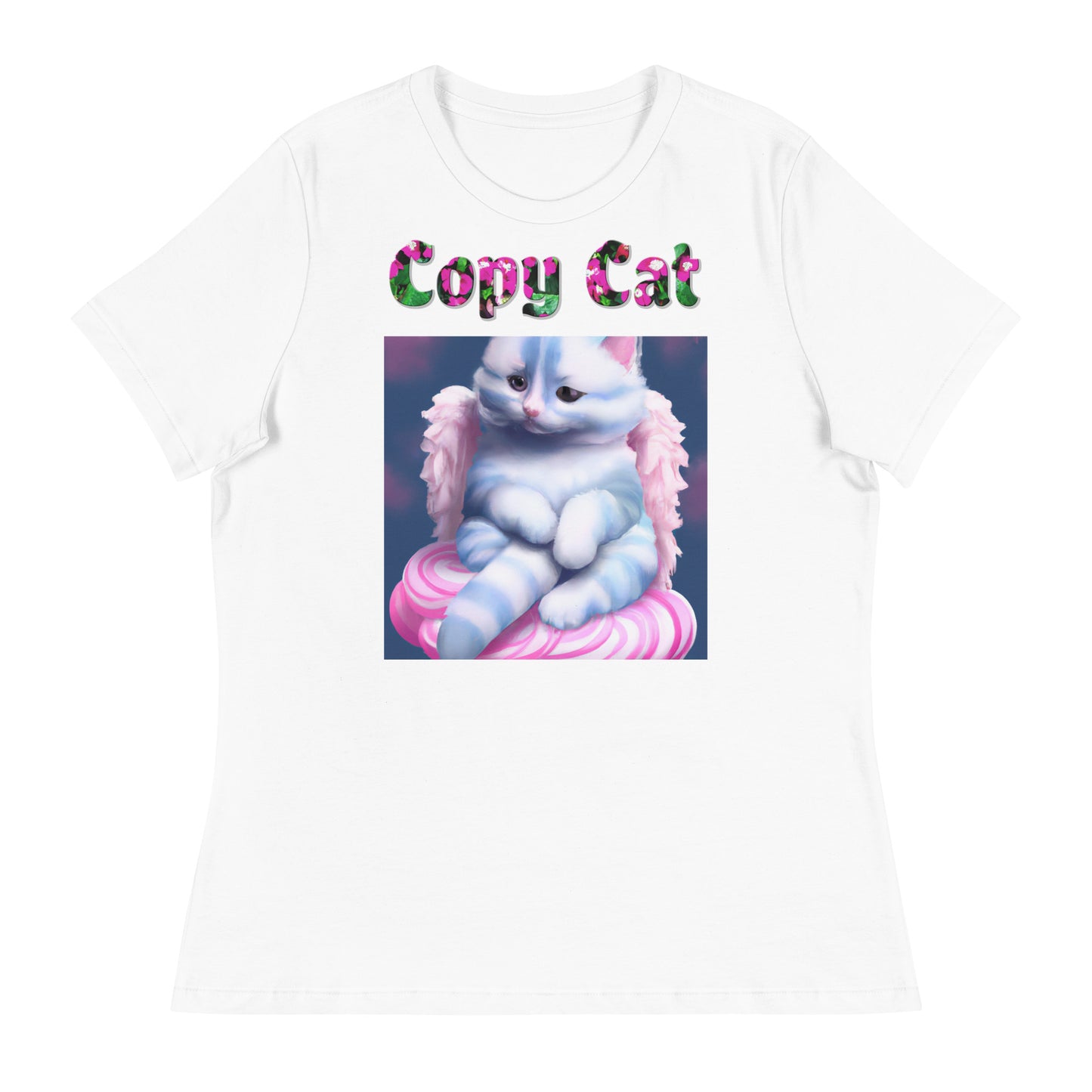 Womens WhiteT-Shirt with Angel Cat On a Cloud with a text "Copy Cat" at $25.97 found at Personalizedpetlovergifts