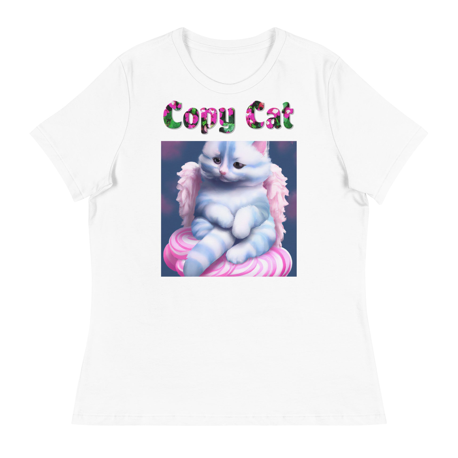 Womens WhiteT-Shirt with Angel Cat On a Cloud with a text "Copy Cat" at $25.97 found at Personalizedpetlovergifts