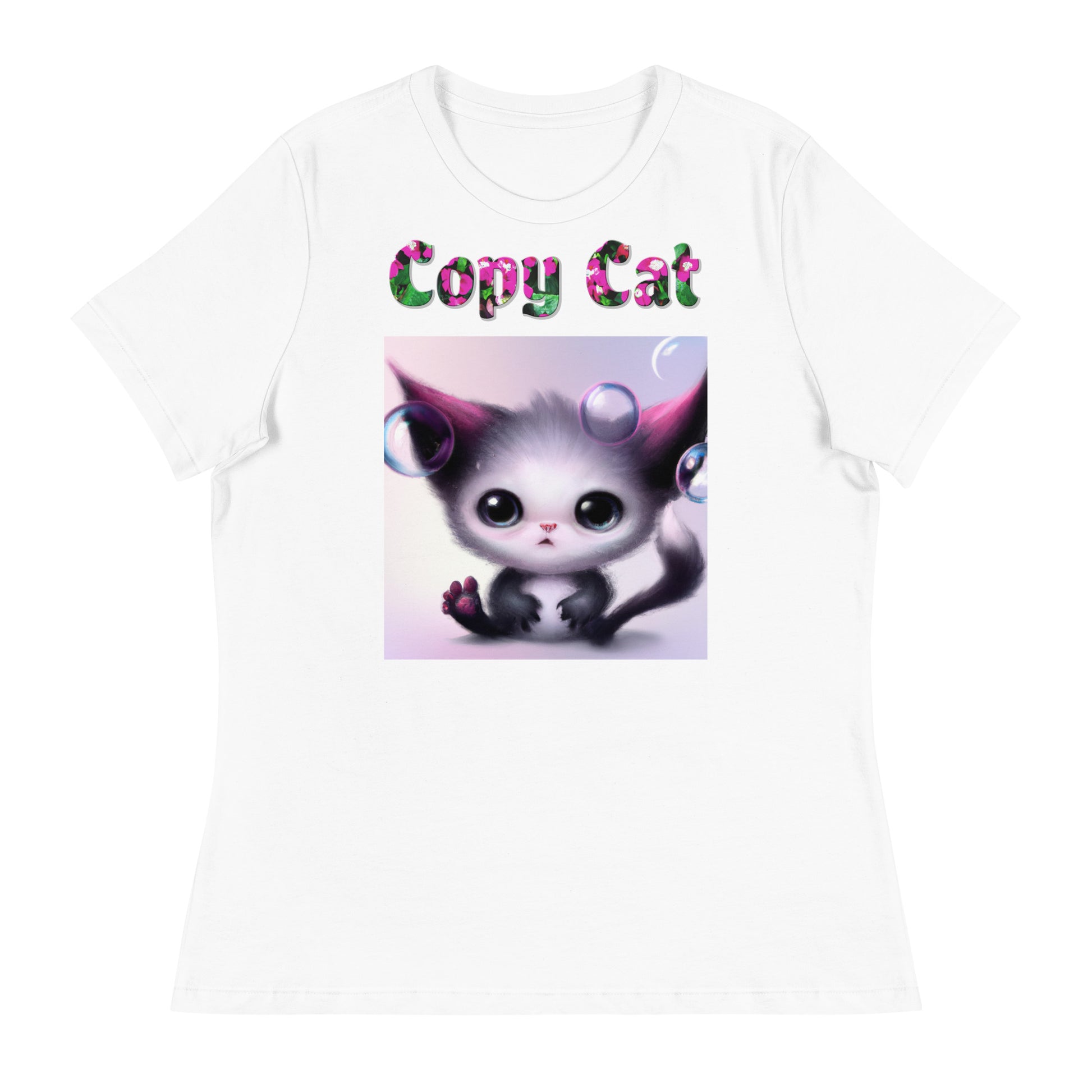 Womens WhiteT-Shirt with Alien Kitten With Bubbles with a text "Copy Cat" at $25.97 found at Personalizedpetlovergifts