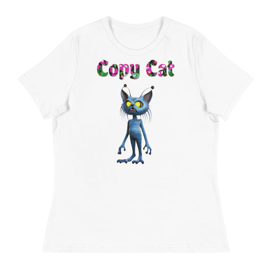 Womens WhiteT-Shirt with Alien Cat with a text "Copy Cat" at $25.97 found at Personalizedpetlovergifts