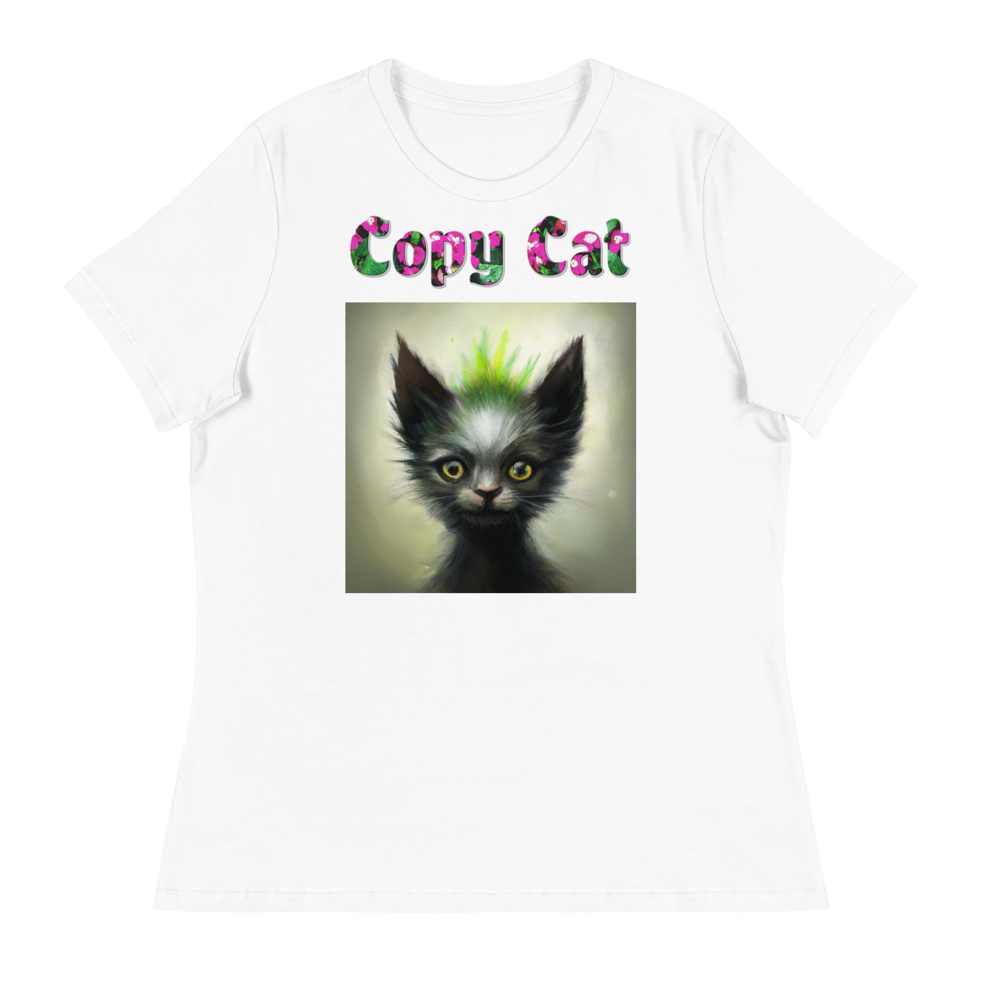 Womens WhiteT-Shirt with Alien Cat With Spikes with a text "Copy Cat" at $25.97 found at Personalizedpetlovergifts