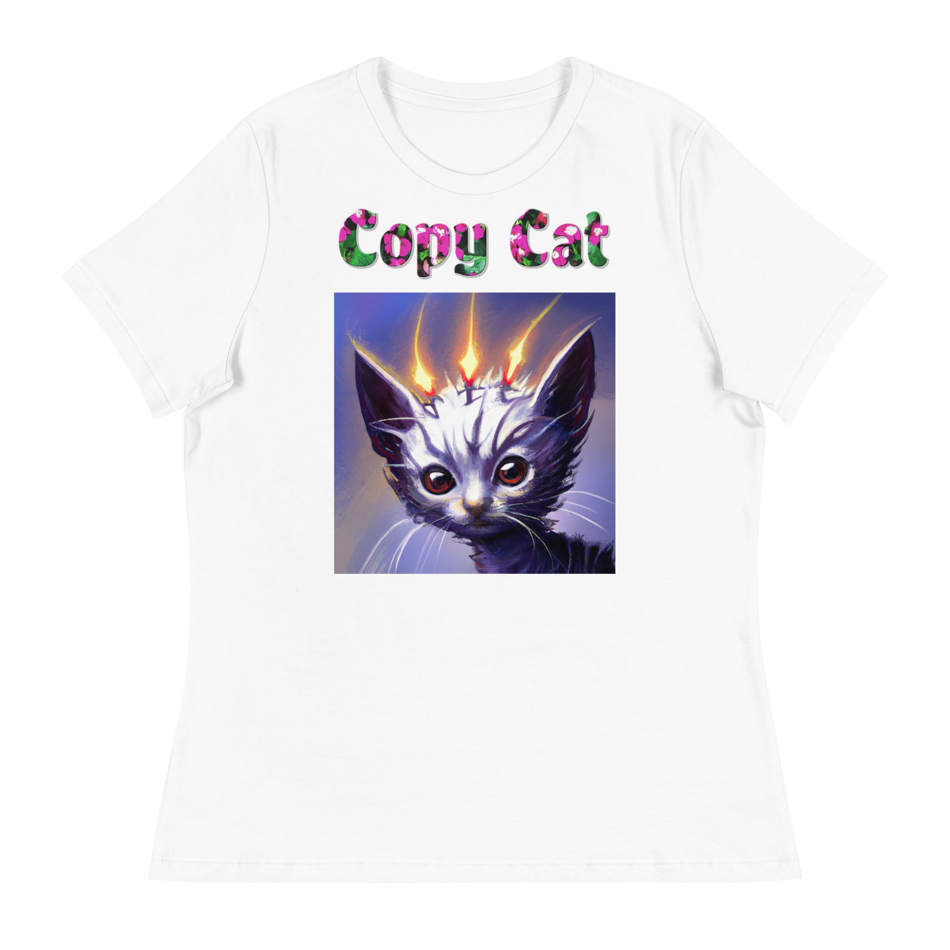 Womens WhiteT-Shirt with Alien Cat With Fiery Spikes with a text "Copy Cat" at $25.97 found at Personalizedpetlovergifts