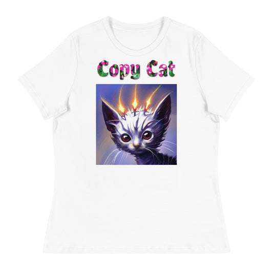 Womens WhiteT-Shirt with Alien Cat With Fiery Spikes with a text "Copy Cat" at $25.97 found at Personalizedpetlovergifts