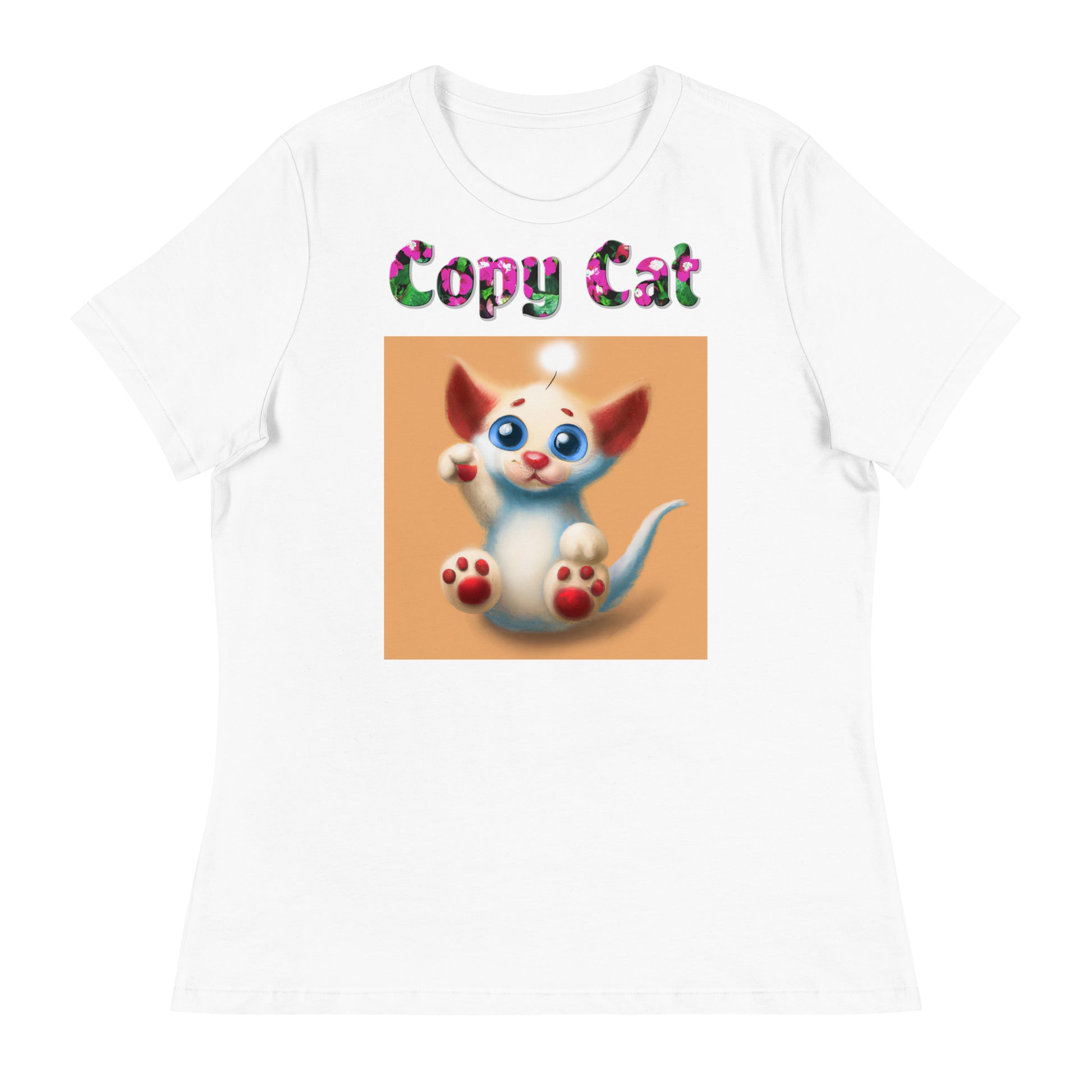 Womens WhiteT-Shirt with Adorable Alien Kitten with a text "Copy Cat" at $25.97 found at Personalizedpetlovergifts