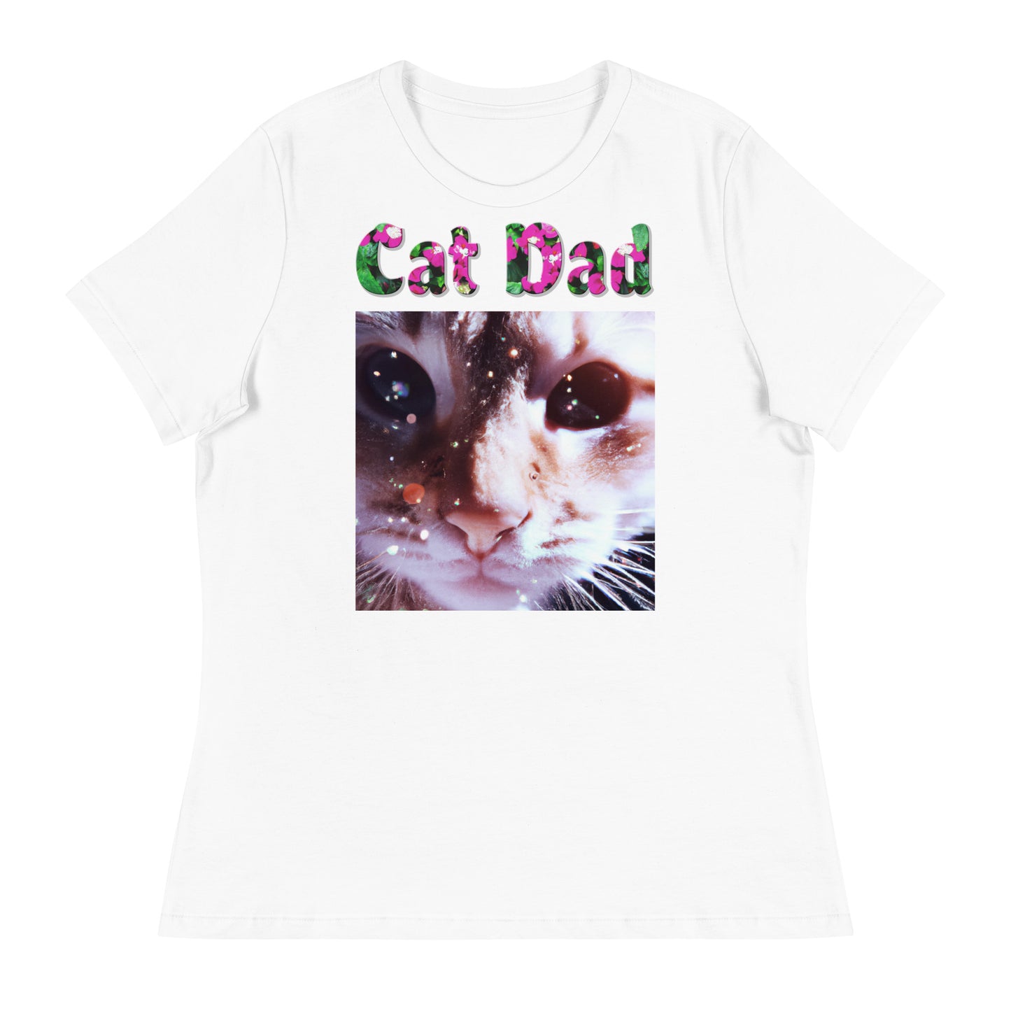 Womens WhiteT-Shirt with Cat Closeup With Bokeh with a text "Cat Dad" at $25.97 found at Personalizedpetlovergifts