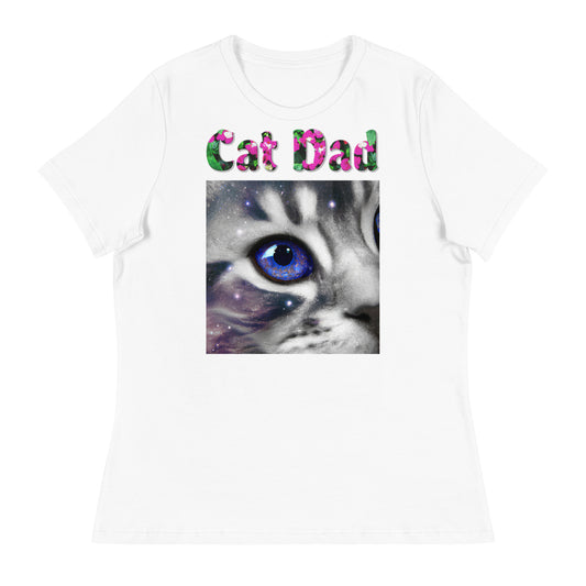 Womens WhiteT-Shirt with Blue Galaxy Eyed Cat with a text "Cat Dad" at $25.97 found at Personalizedpetlovergifts