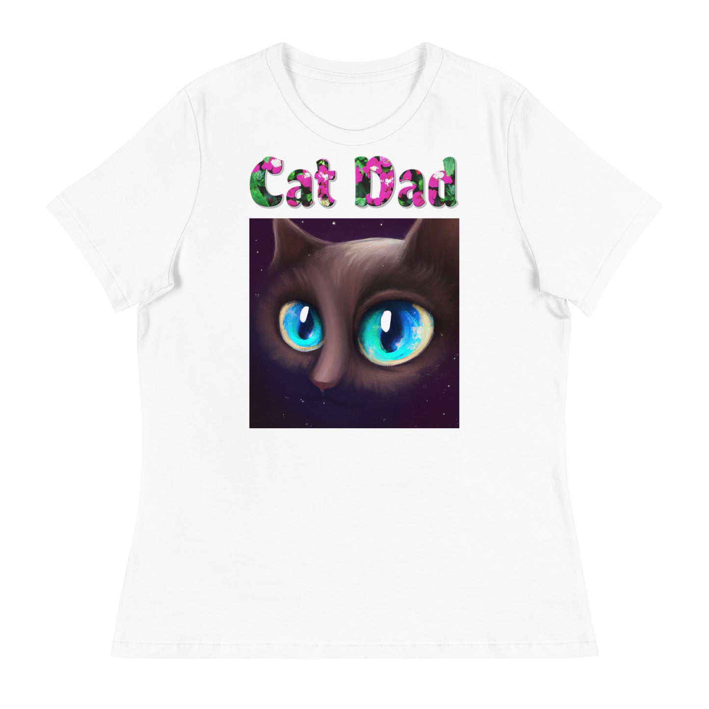 Womens WhiteT-Shirt with Blue Eyed Cat Portrait with a text "Cat Dad" at $25.97 found at Personalizedpetlovergifts