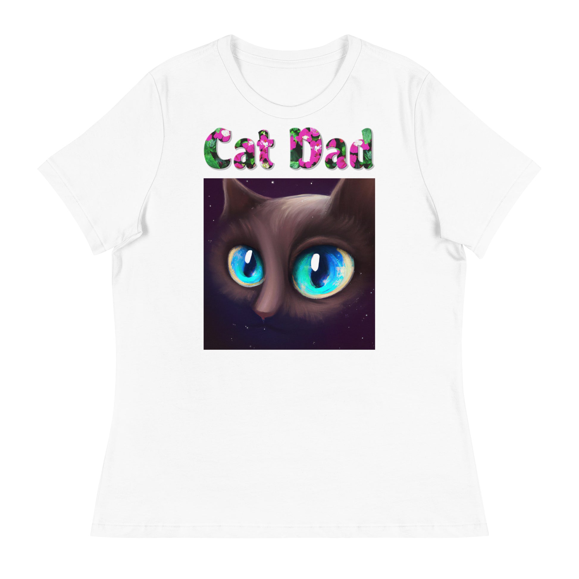 Womens WhiteT-Shirt with Blue Eyed Cat Portrait with a text "Cat Dad" at $25.97 found at Personalizedpetlovergifts