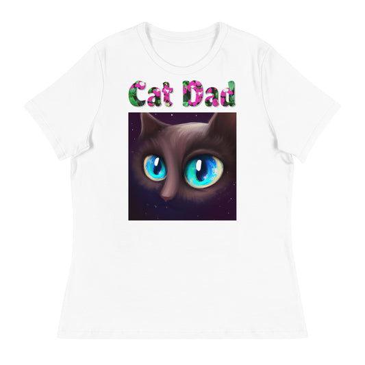 Womens WhiteT-Shirt with Blue Eyed Cat Portrait with a text "Cat Dad" at $25.97 found at Personalizedpetlovergifts