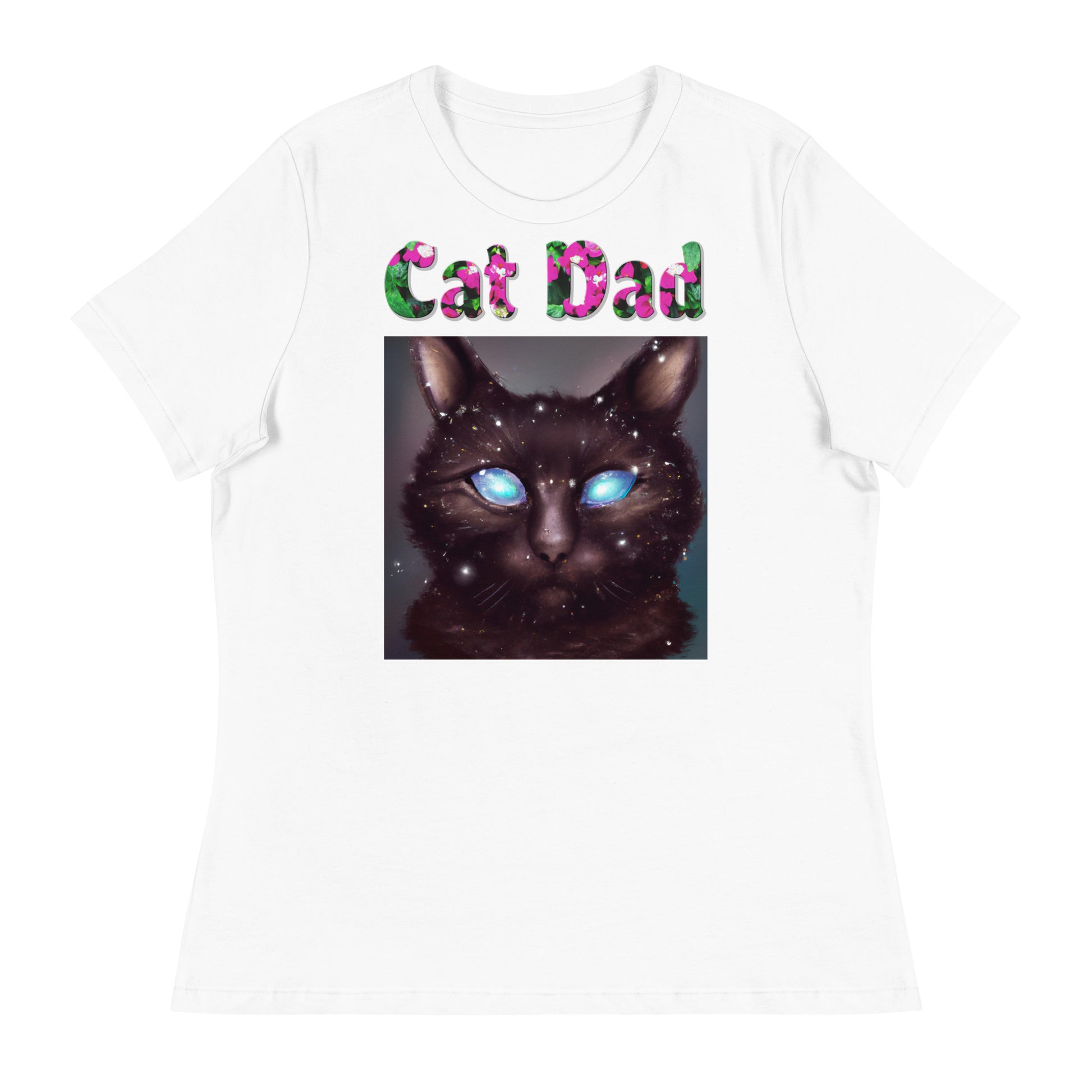 Womens WhiteT-Shirt with Blue Eyed Galaxy Cat with a text "Cat Dad" at $25.97 found at Personalizedpetlovergifts