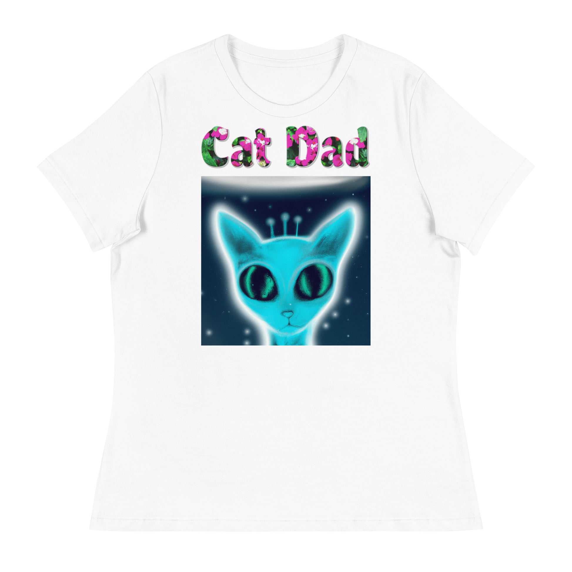 Womens WhiteT-Shirt with Blue Alien Cat with a text "Cat Dad" at $25.97 found at Personalizedpetlovergifts