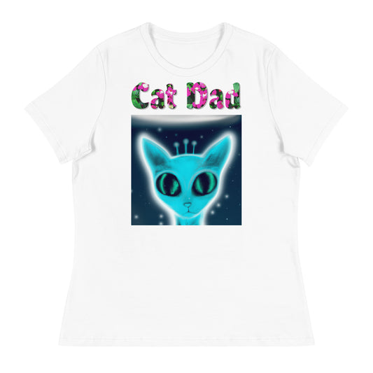 Womens WhiteT-Shirt with Blue Alien Cat with a text "Cat Dad" at $25.97 found at Personalizedpetlovergifts