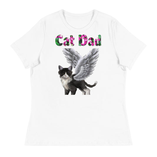 Womens WhiteT-Shirt with Black And White Cat With Angel Wings with a text "Cat Dad" at $25.97 found at Personalizedpetlovergifts